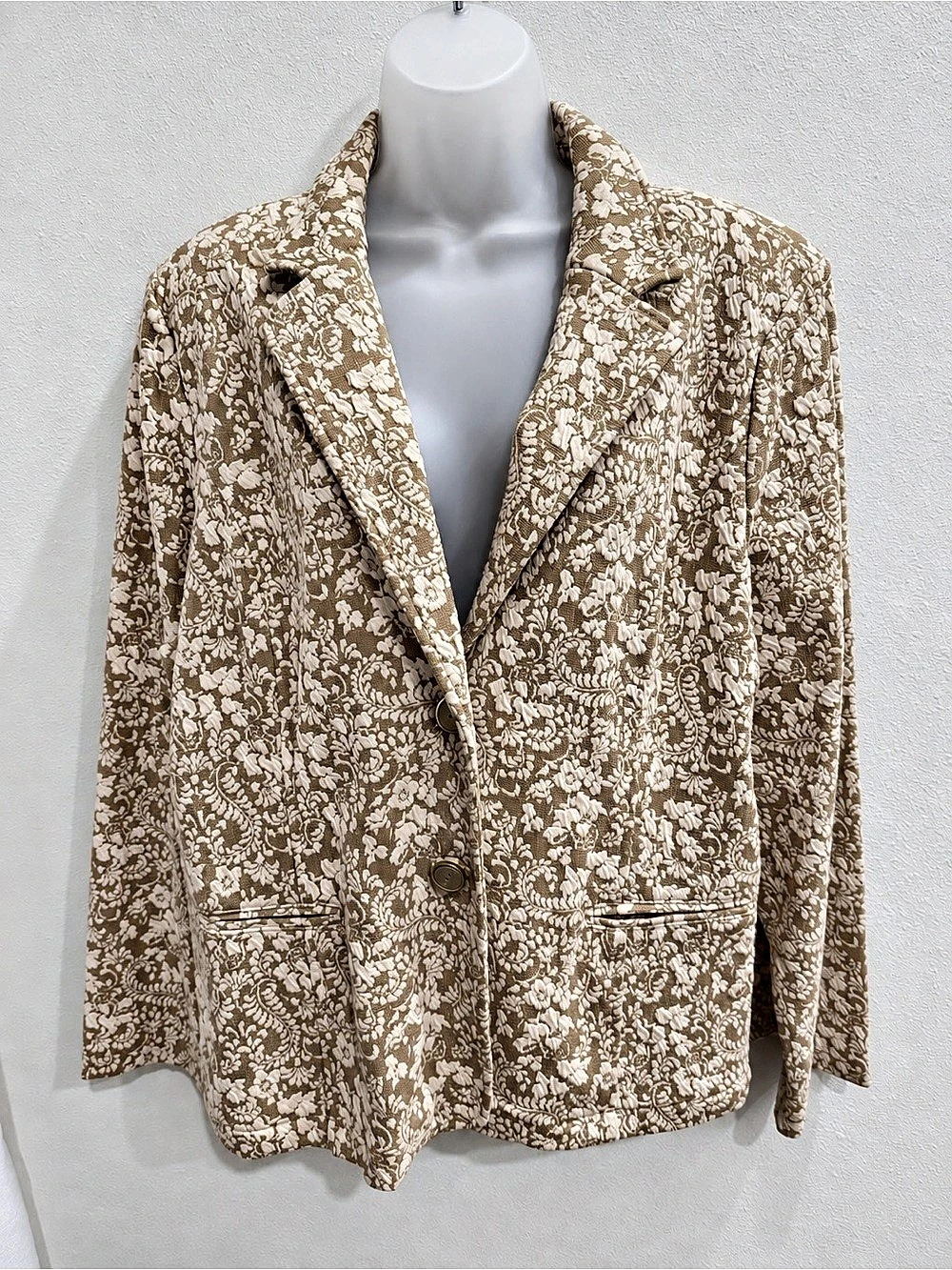Isaac Mizrahi Live Floral Jacquard Blazer XL Tan Cream